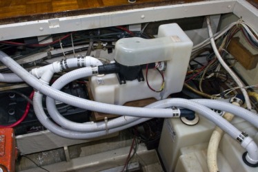 sailboat engine compartment, pumps
