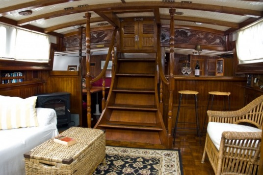 sailboat interior, galley, dining room. bar