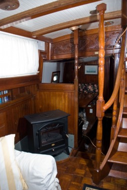 sailboat interior, stairs, stove