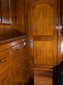 sailboat interior, berth, teak dresser, built-in
